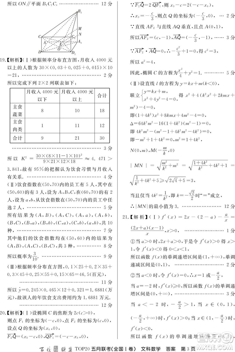 2019年百校聯(lián)盟TOP20五月聯(lián)考全國Ⅰ、Ⅱ卷文數試題及答案