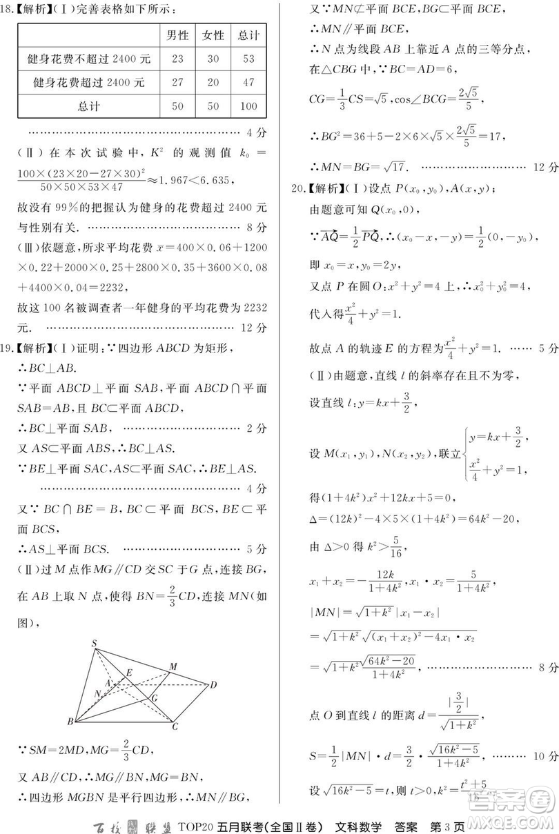 2019年百校聯(lián)盟TOP20五月聯(lián)考全國Ⅰ、Ⅱ卷文數試題及答案