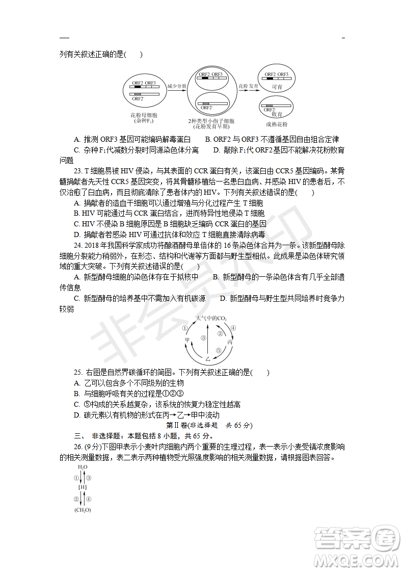 2019年鹽城三模理綜試題及答案