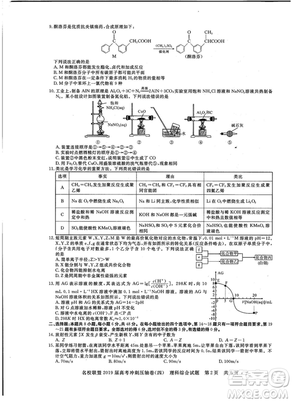 2019年河南名校聯(lián)盟高考沖刺壓軸卷四文理綜試題答案