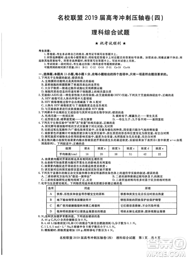 2019年河南名校聯(lián)盟高考沖刺壓軸卷四文理綜試題答案