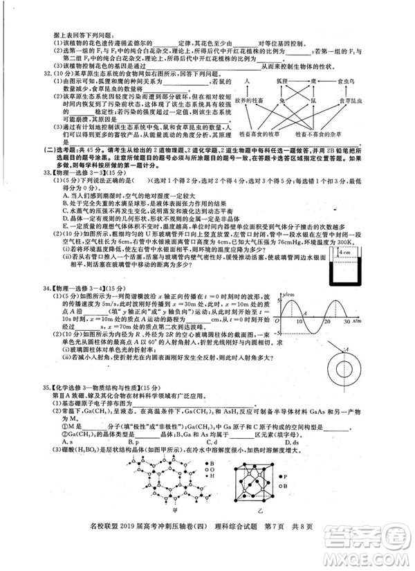 2019年河南名校聯(lián)盟高考沖刺壓軸卷四文理綜試題答案