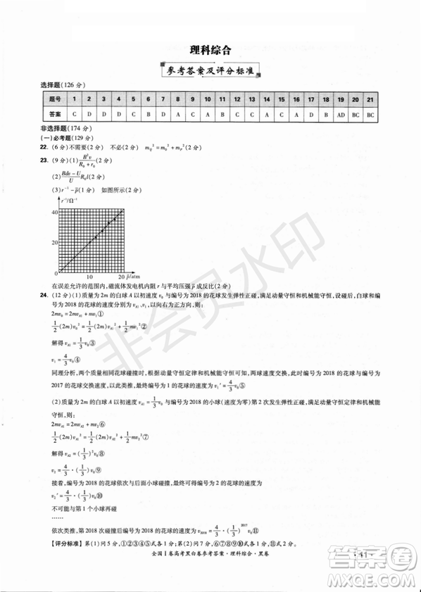 2019年全國Ⅰ卷高考黑白卷試題答案