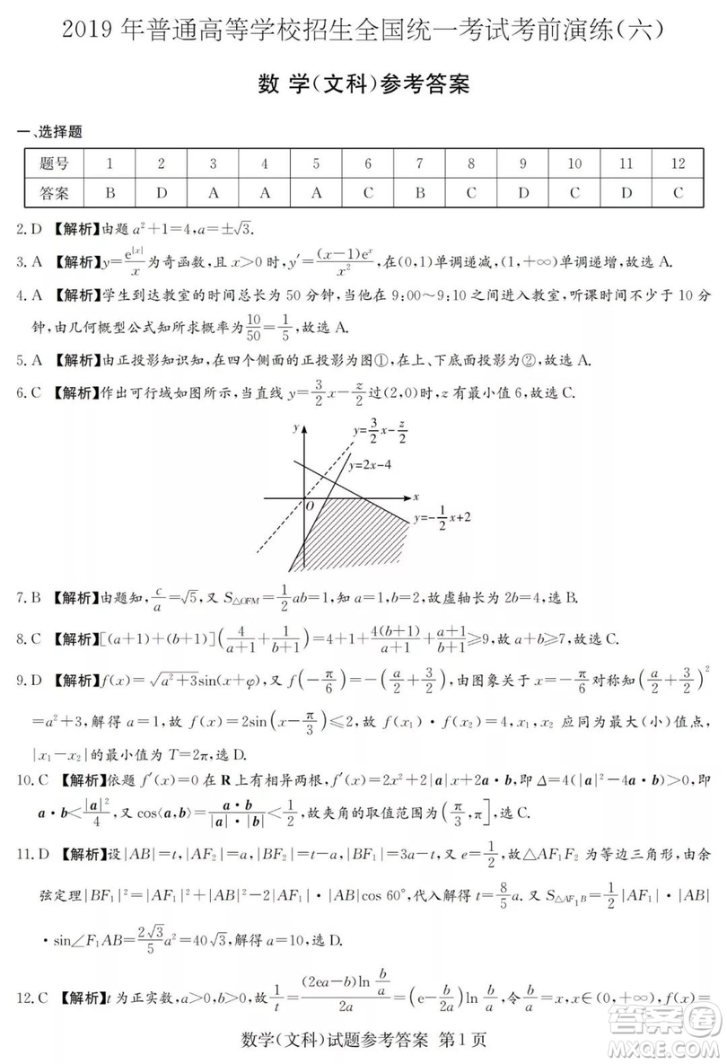 2019年普通高等學(xué)校招生全國統(tǒng)一考試考前演練六文科數(shù)學(xué)試題及答案