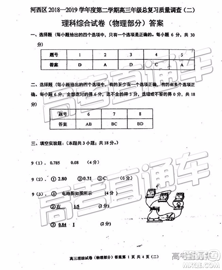 2019年天津河西區(qū)高三二模文理綜試題及答案