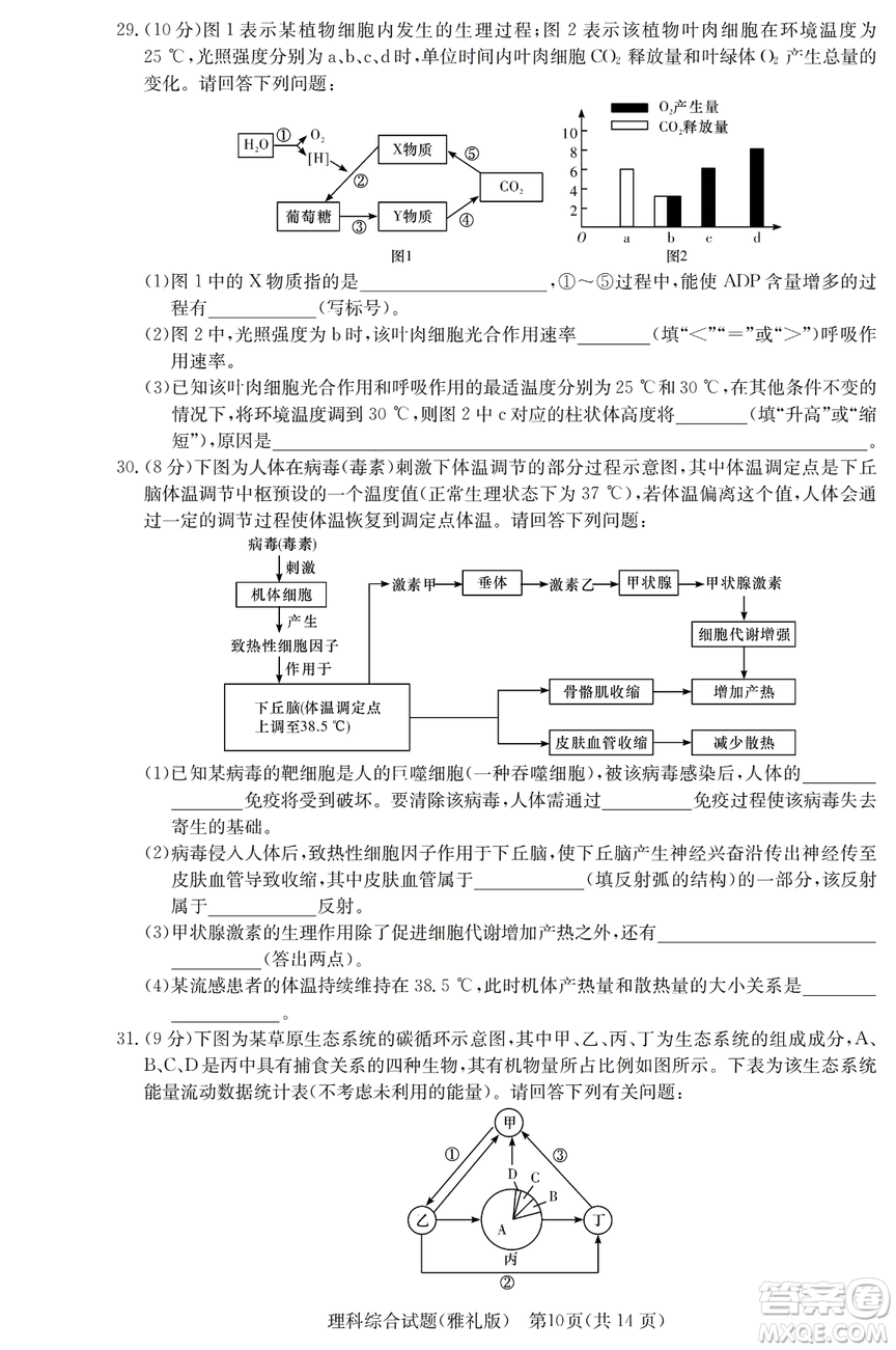 2019年雅禮一模理綜試題及答案