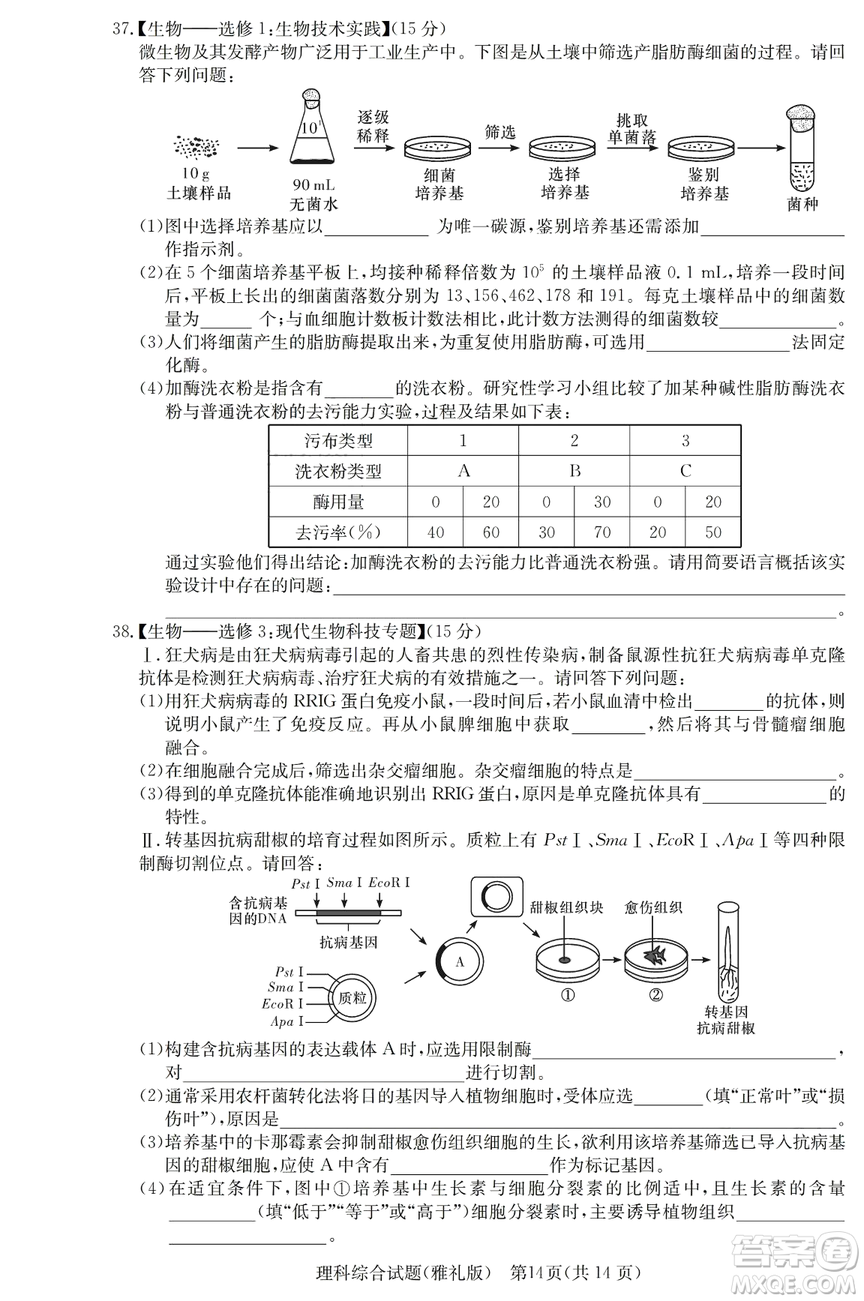 2019年雅禮一模理綜試題及答案