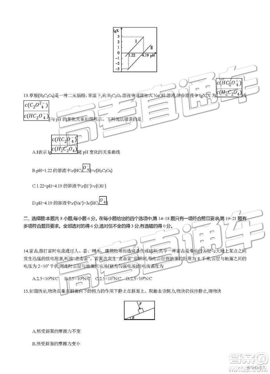 2019年安徽毛坦廠中學高三五月聯(lián)考文理綜試題及答案