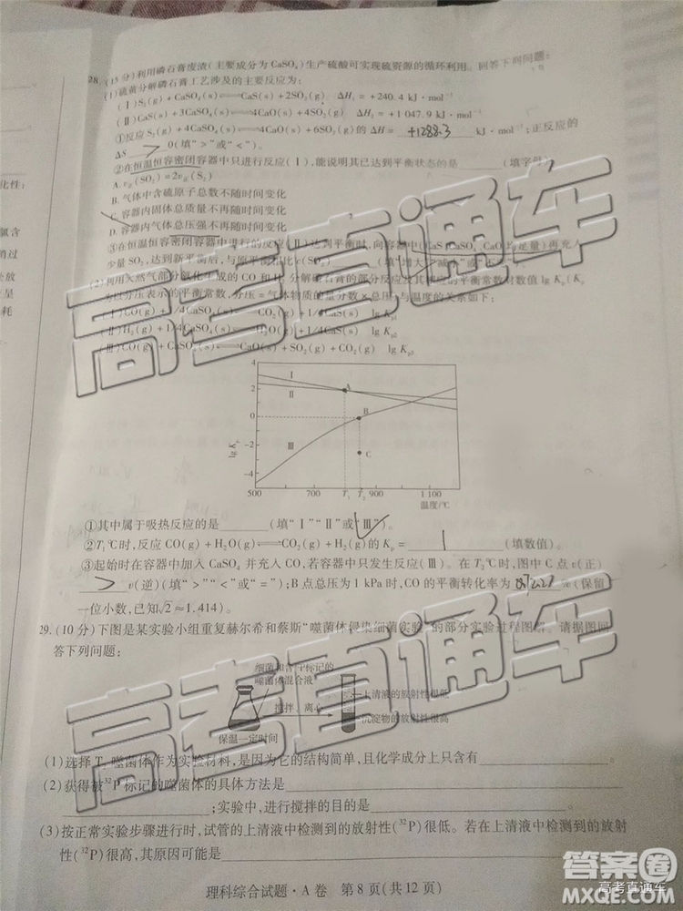 2019年晉城三模理科綜合試題及參考答案