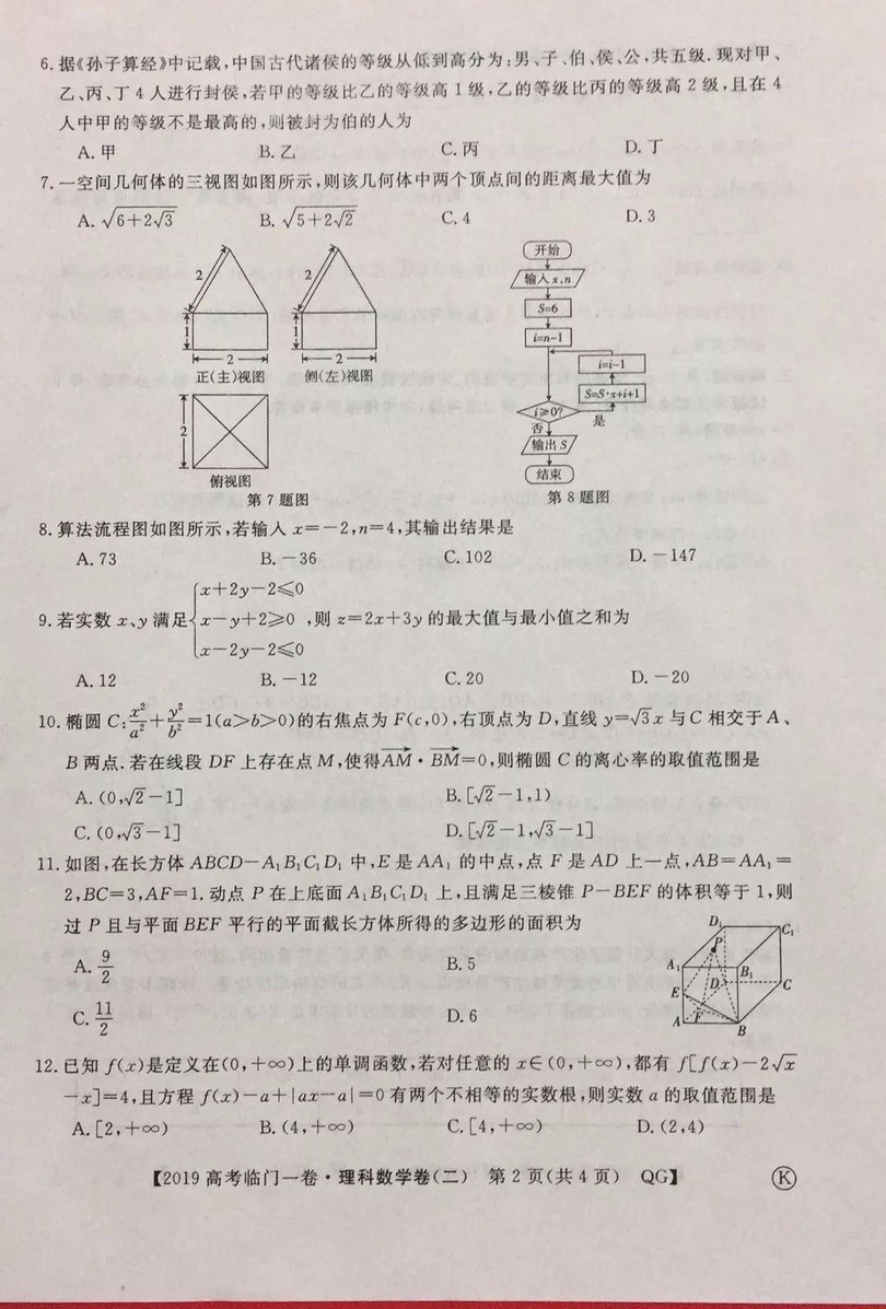 2019年普通高等學(xué)校招生全國統(tǒng)一考試臨門一卷二文理數(shù)試題及答案