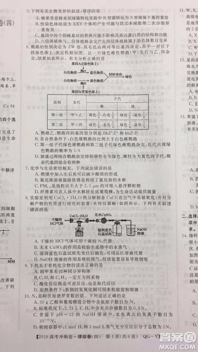 2019年普通高等學(xué)校招生全國(guó)統(tǒng)一考試沖刺預(yù)測(cè)卷四理科綜合試題及答案