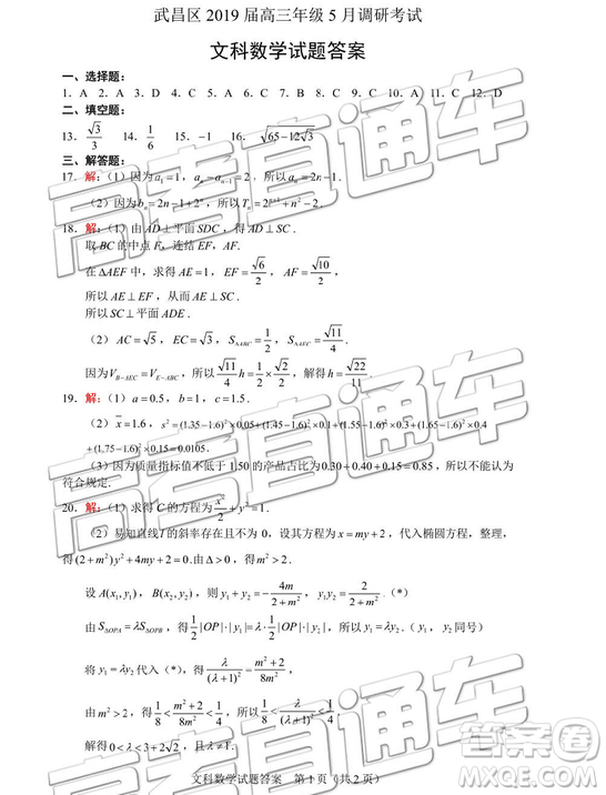 2019年武漢五月第二次調(diào)研考試文數(shù)試題及答案