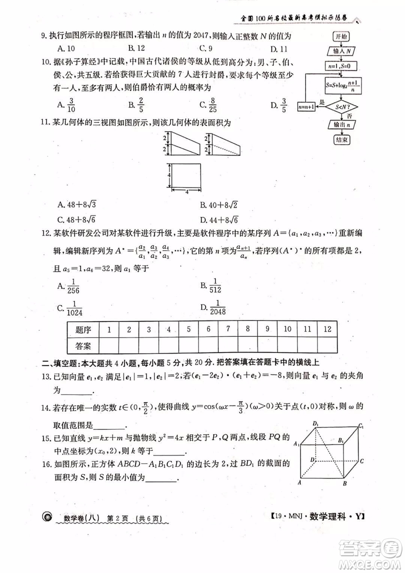 2019年全國100所名校最新高考模擬示范卷八理科數(shù)學試題和答案