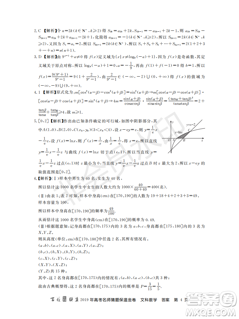 百校聯(lián)盟2019年高考名師猜題保溫金卷文科數(shù)學答案