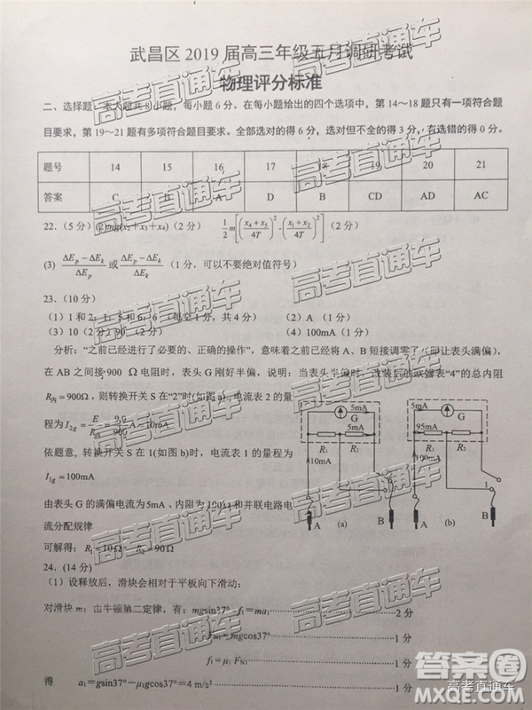 2019年武漢五月第二次調(diào)研考試?yán)砭C試題及答案