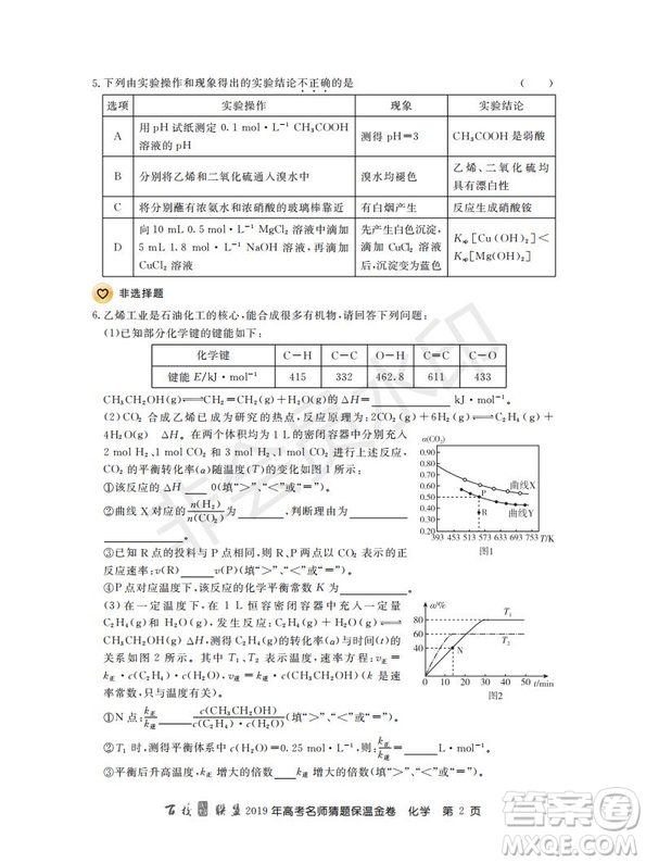 百校聯(lián)盟2019年高考名師猜題保溫金卷化學(xué)試題及參考答案