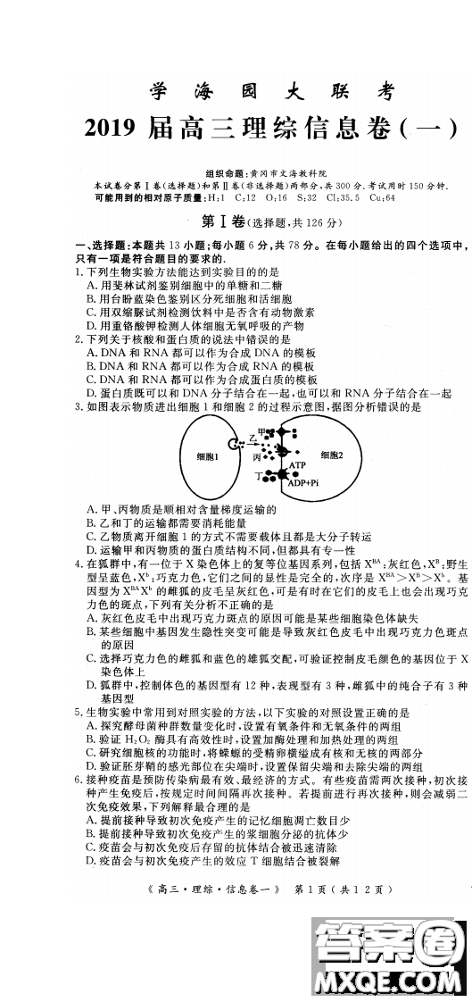 2019年學海園大聯(lián)考信息卷一理綜試題及答案