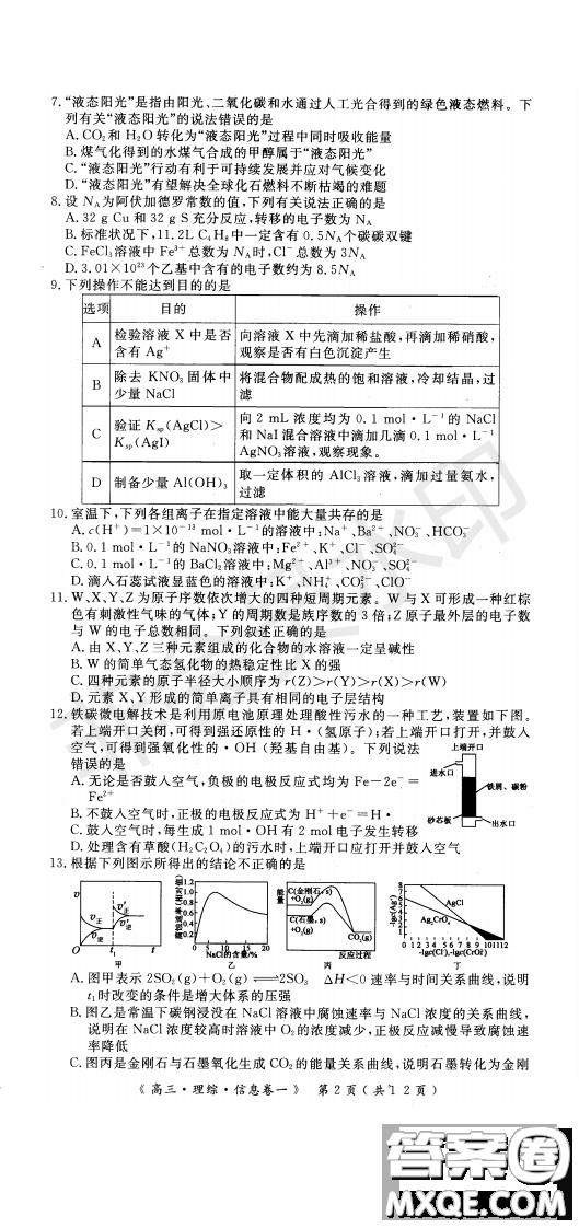 2019年學海園大聯(lián)考信息卷一理綜試題及答案