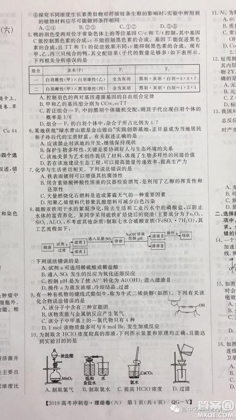 2019年普通高等學校招生全國統(tǒng)一考試沖刺預測卷六文理綜試題及答案