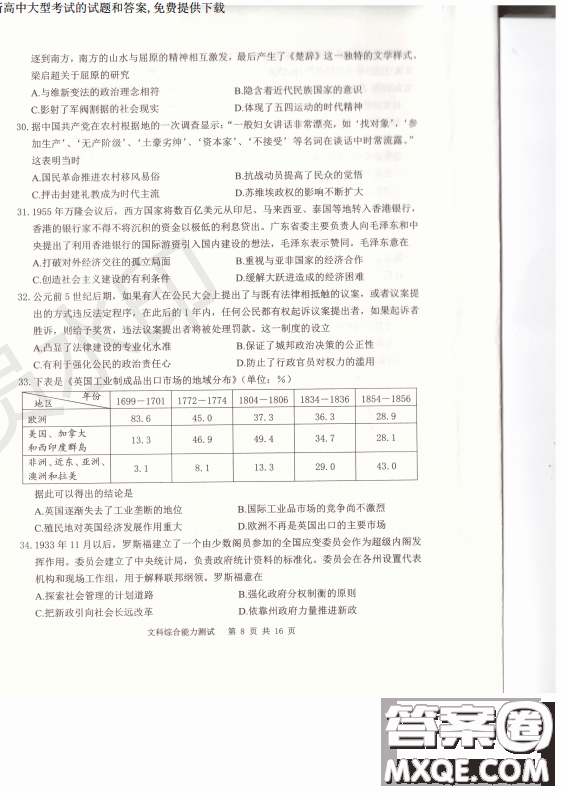 2019年卓越名校聯(lián)盟適應(yīng)與模擬一文綜試題及答案