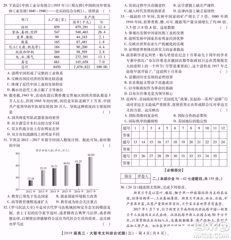 2019年金學(xué)導(dǎo)航大聯(lián)考三文綜試題及答案