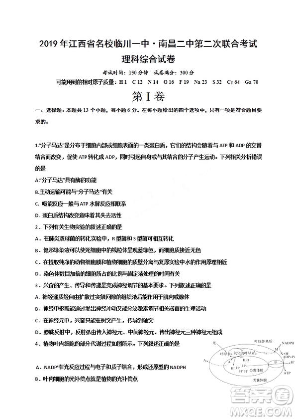 2019年江西省名校臨川一中南昌二中高三5月聯(lián)考理科綜合試題及答案