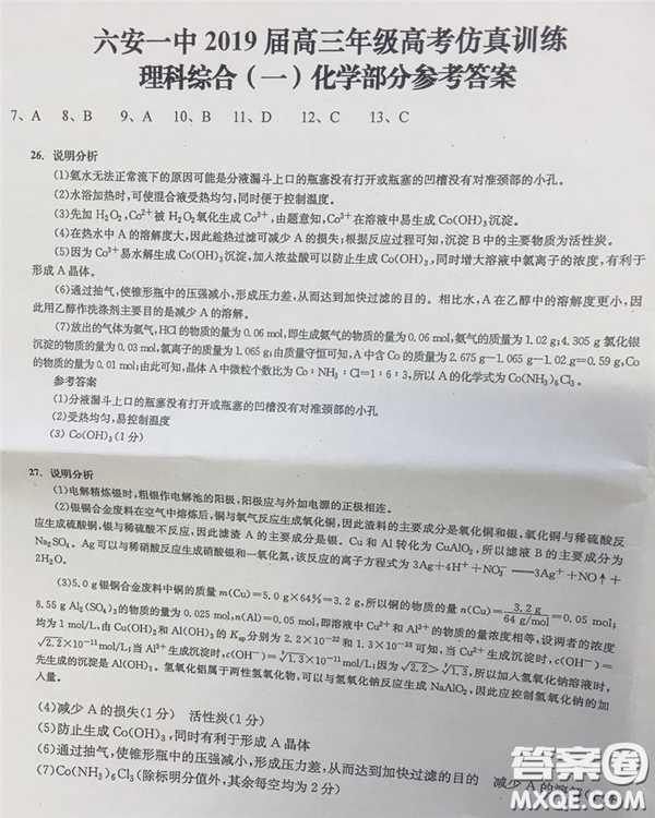 2019年安徽省六安一中高考仿真訓練一文理綜試題及答案