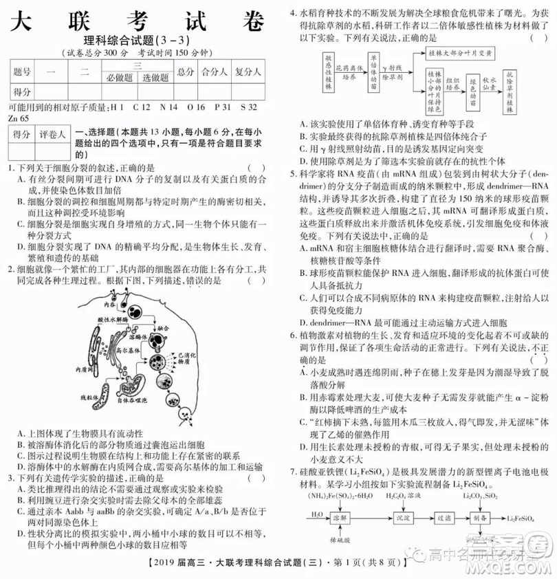 2019年金學(xué)導(dǎo)航大聯(lián)考三理綜試題及答案