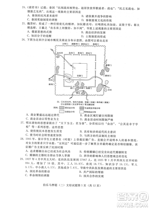 2019年伯樂(lè)馬普通高等學(xué)校招生全國(guó)統(tǒng)一押題考試二文綜試題及答案