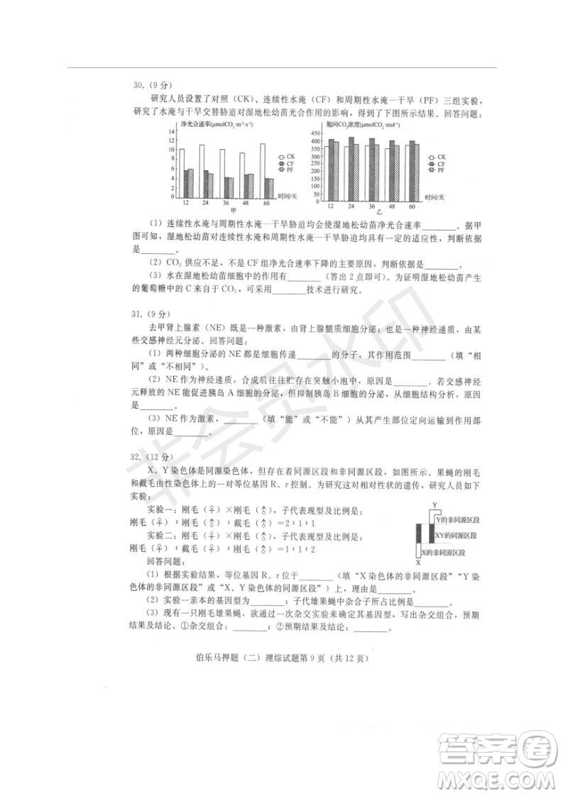 2019年伯樂馬普通高等學(xué)校招生全國統(tǒng)一押題考試二理綜試題及答案