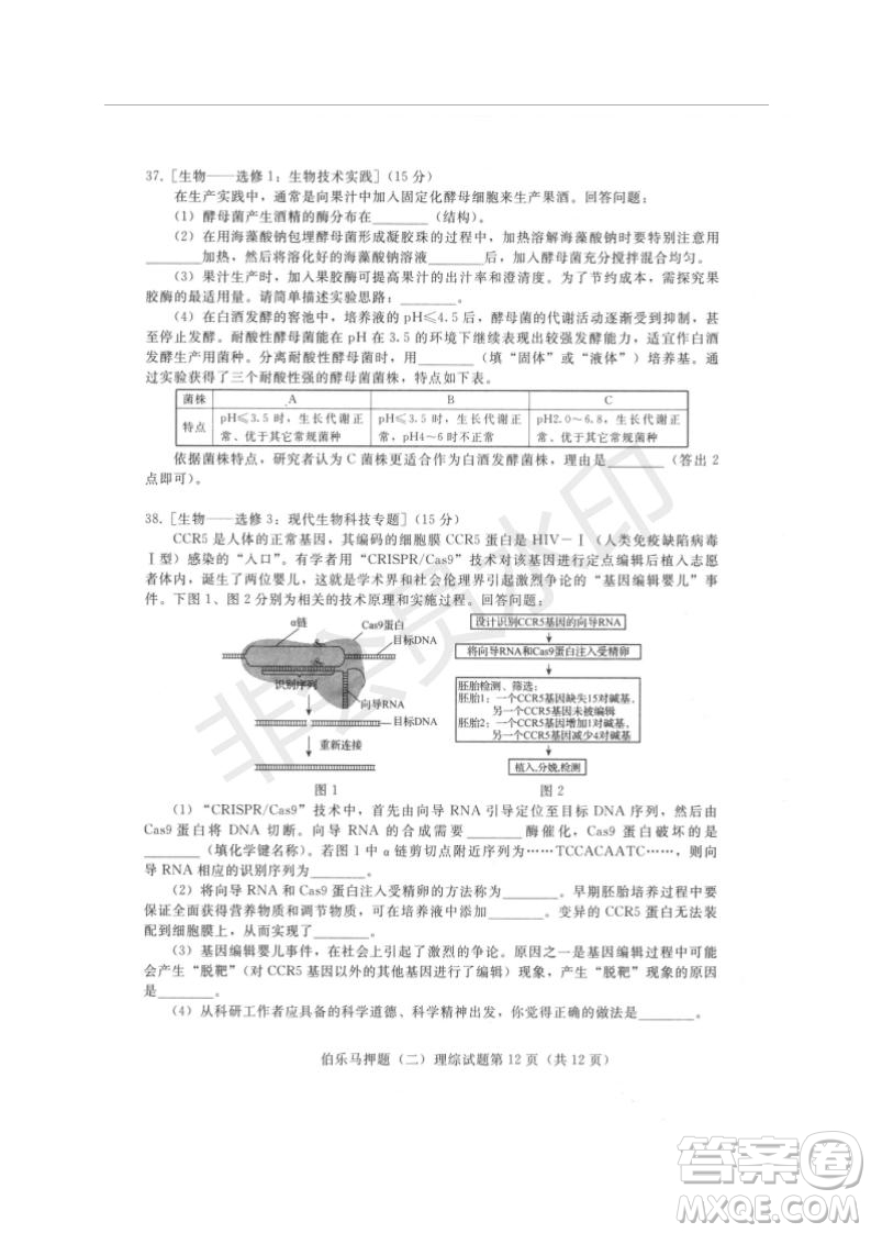 2019年伯樂馬普通高等學(xué)校招生全國統(tǒng)一押題考試二理綜試題及答案