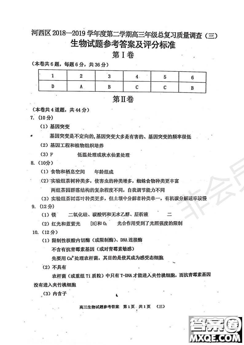 2019年天津河西三調(diào)理綜試題及答案