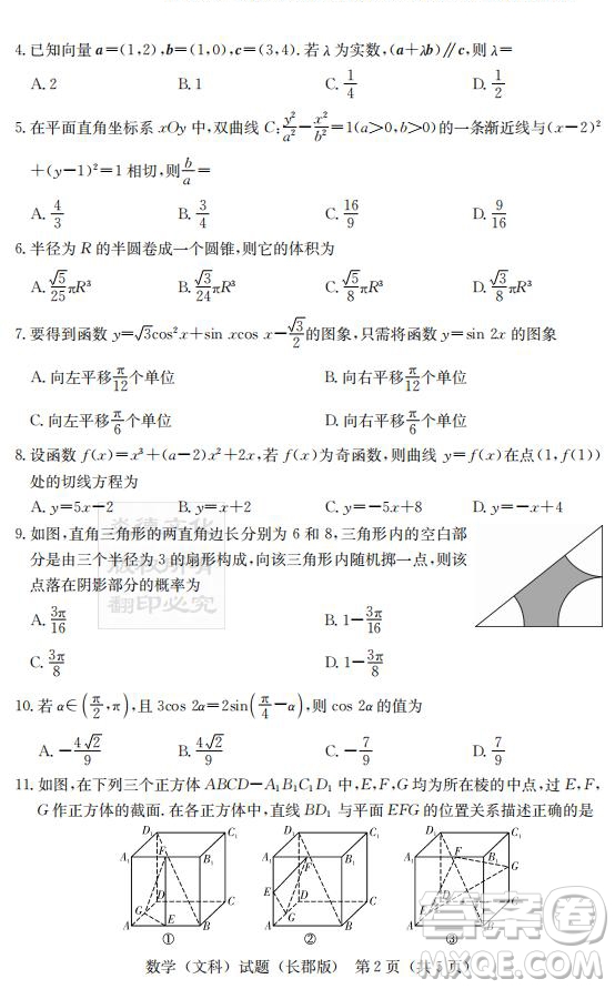 炎德英才大聯(lián)考長(zhǎng)郡中學(xué)2019屆高考模擬卷二文數(shù)試題及答案