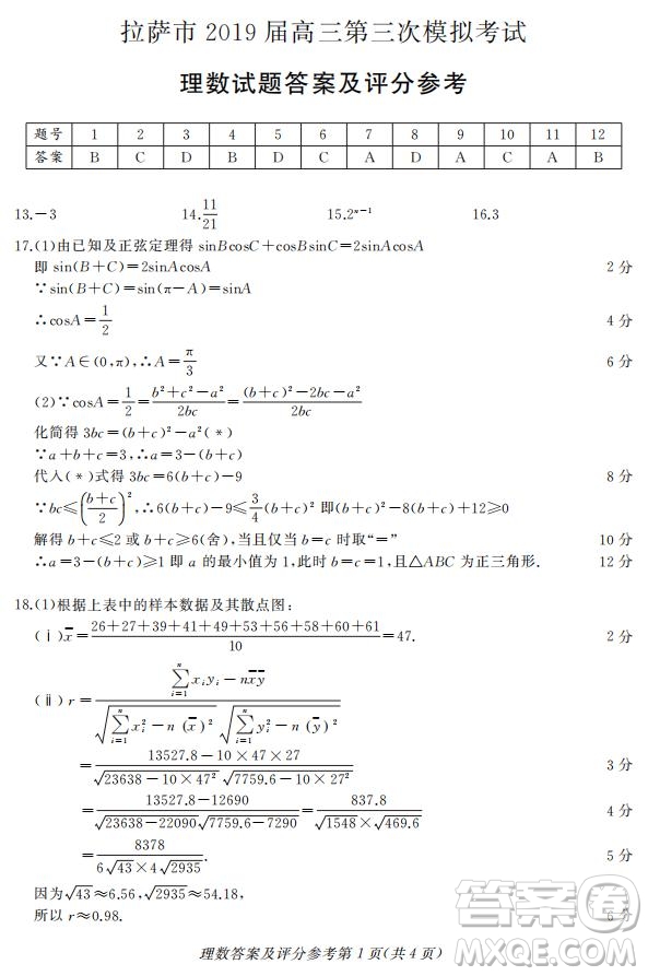 西藏拉薩市2019屆高三第三次模擬考試?yán)頂?shù)試題及參考答案