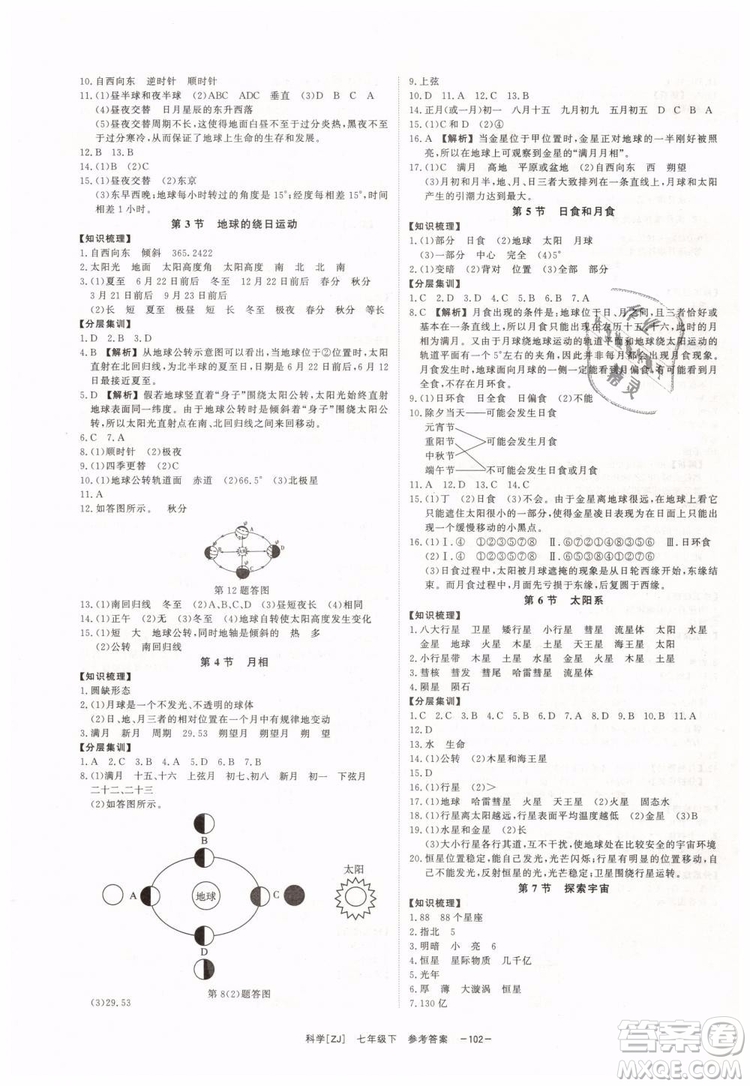 2019年全效學(xué)習(xí)七年級下冊科學(xué)浙教版參考答案