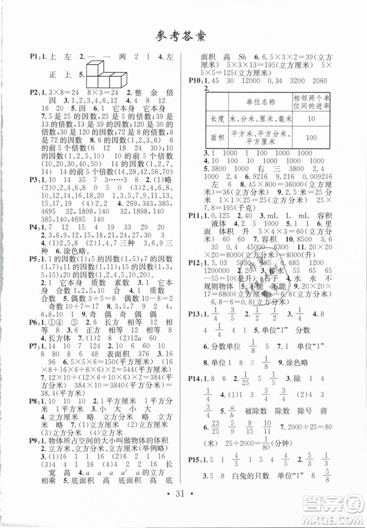 2019年名校課堂五年級數(shù)學(xué)下冊RJ人教版參考答案