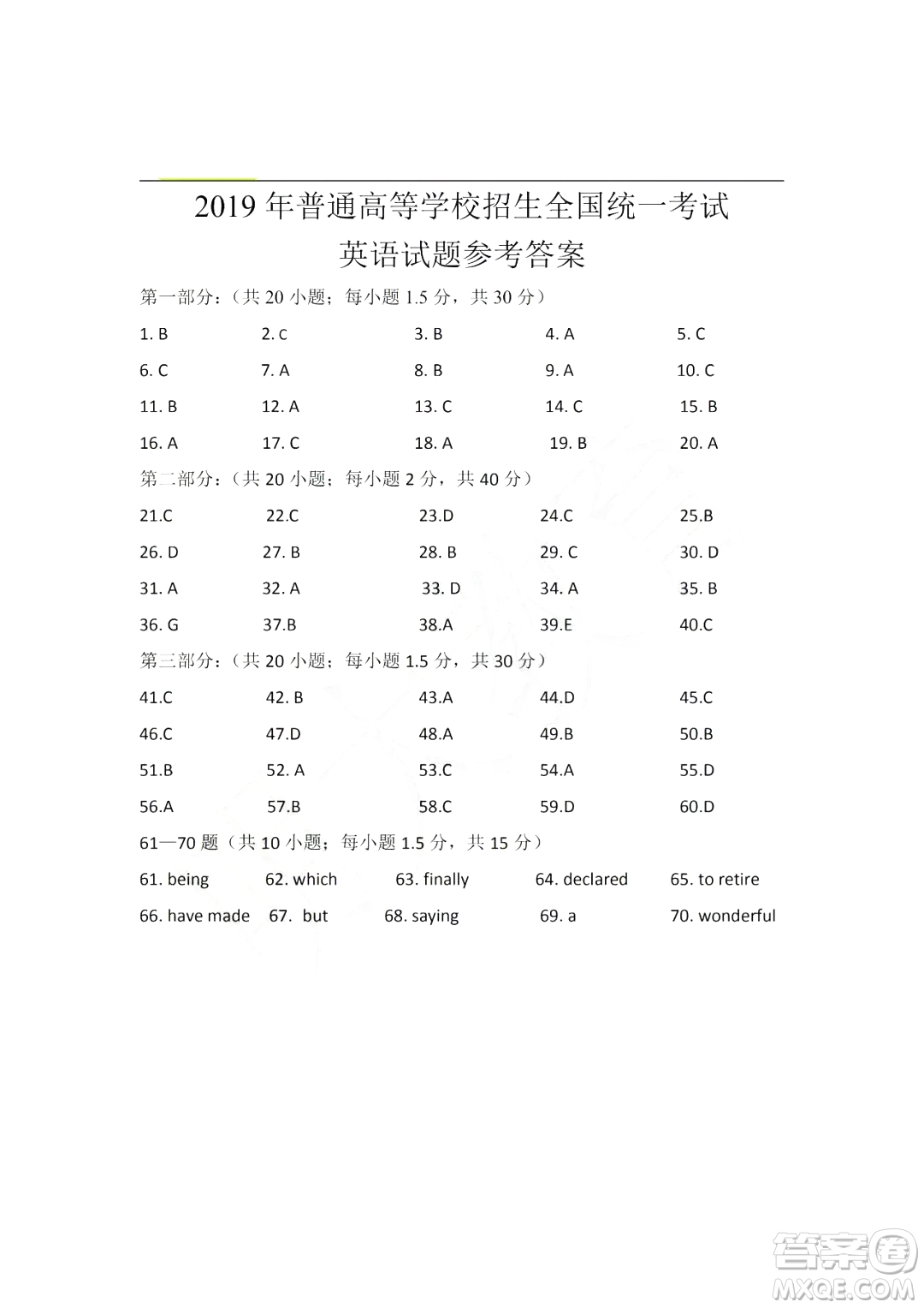 2019年海南高考真題英語試題及參考答案