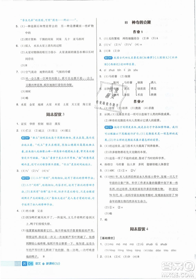 2019年全品作業(yè)本五年級語文下冊人教版參考答案