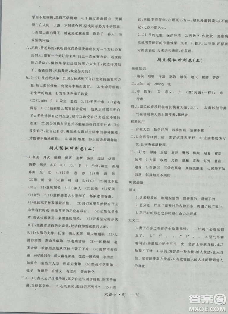 2019年優(yōu)翼蘇教版優(yōu)干線單元加期末卷六年級(jí)語(yǔ)文下冊(cè)答案