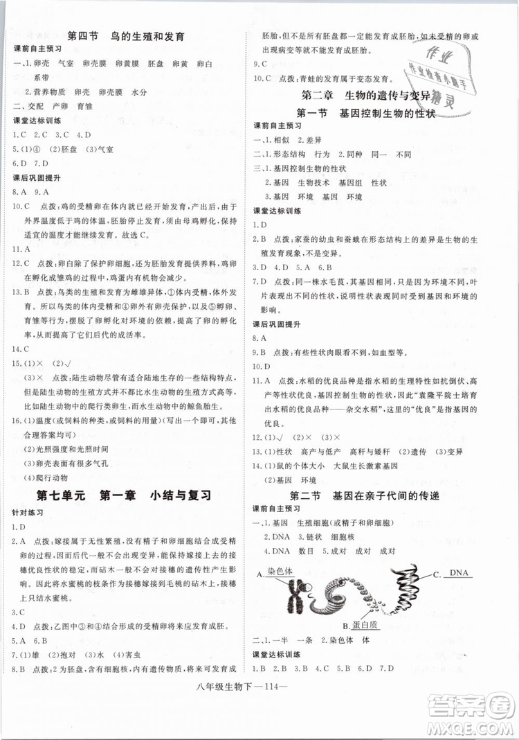 2019年優(yōu)翼學(xué)練優(yōu)學(xué)科思維訓(xùn)練法八年級生物下冊RJ人教版參考答案