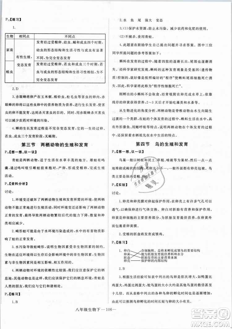 2019年優(yōu)翼學(xué)練優(yōu)學(xué)科思維訓(xùn)練法八年級生物下冊RJ人教版參考答案