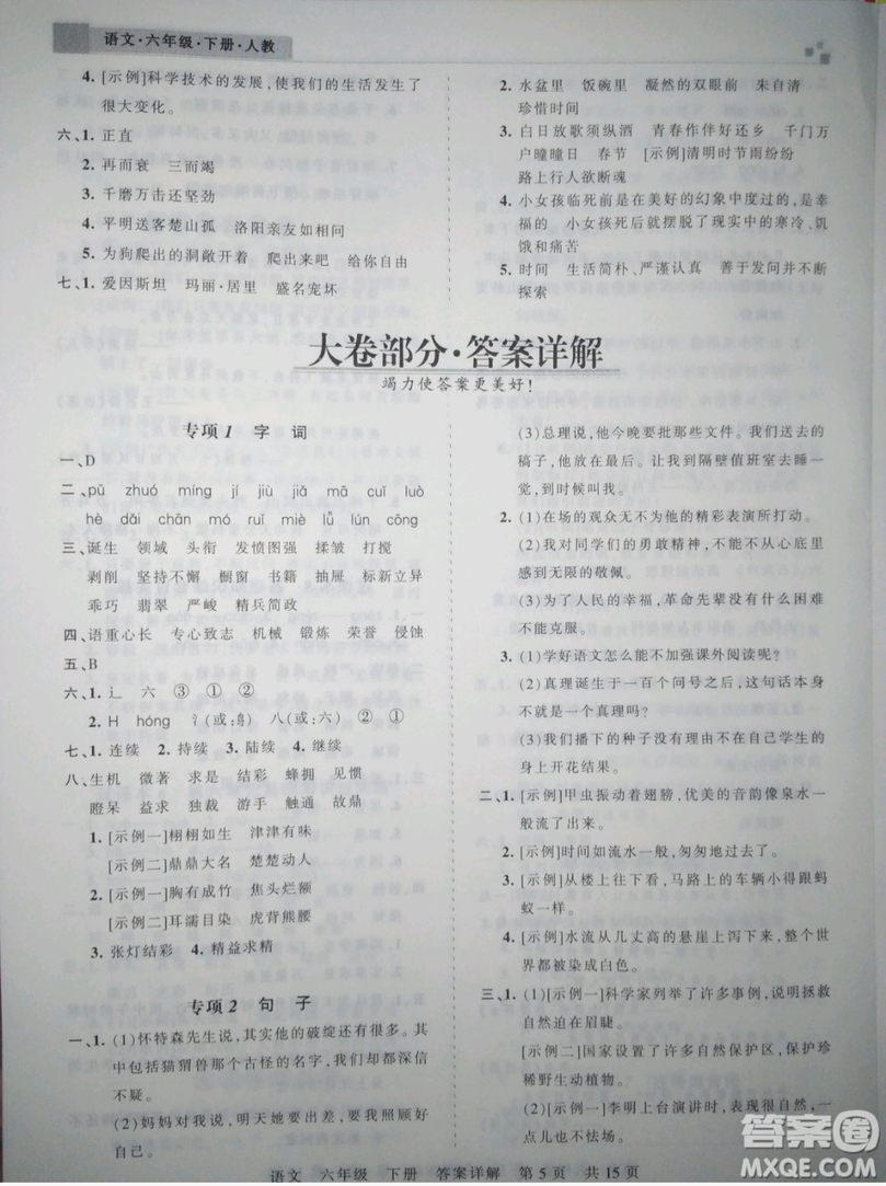 鄭州都市版2019年王朝霞期末真題精編六年級語文下冊人教版參考答案