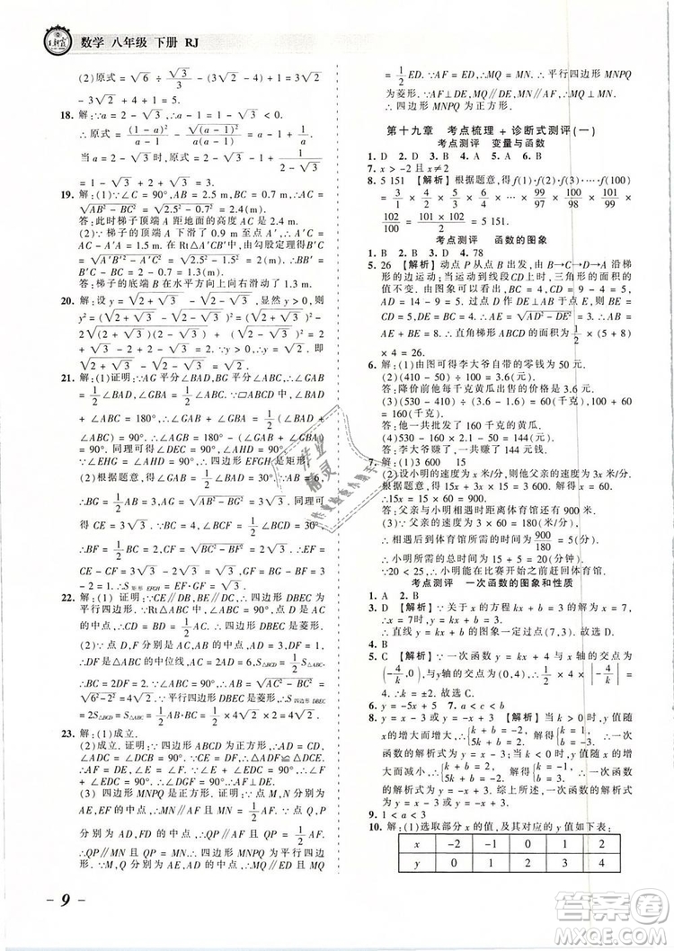 2019年人教版王朝霞考點(diǎn)梳理時習(xí)卷八年級數(shù)學(xué)下冊參考答案