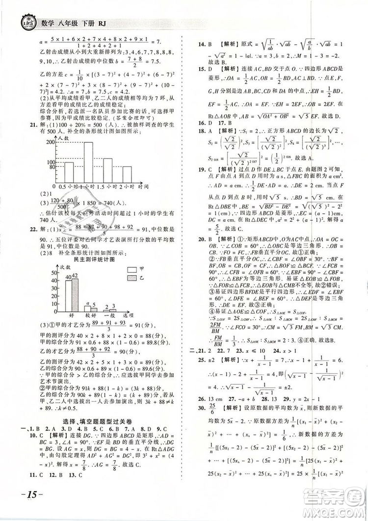 2019年人教版王朝霞考點(diǎn)梳理時習(xí)卷八年級數(shù)學(xué)下冊參考答案