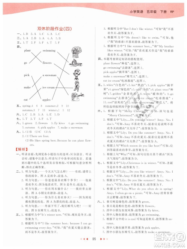 2019版曲一線53天天練五年級下冊英語人教版RP參考答案