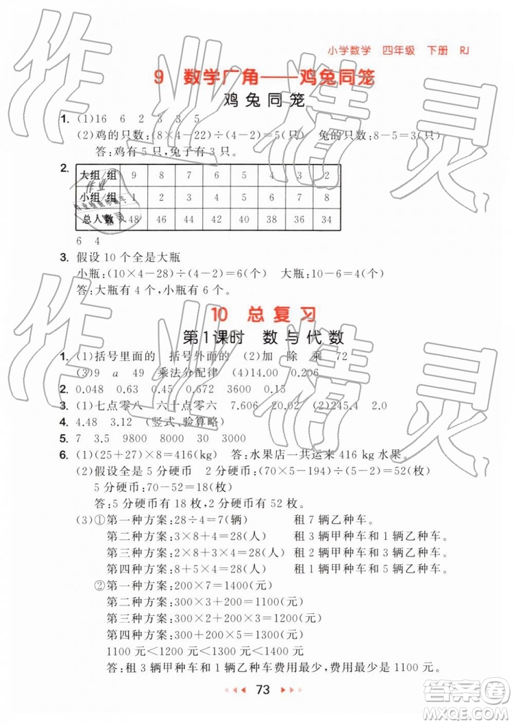 2019年小兒郎53隨堂測四年級下冊數(shù)學(xué)RJ人教版參考答案