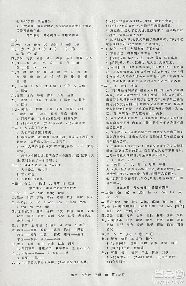 2019年王朝霞考點梳理時習卷四年級語文下冊人教版參考答案