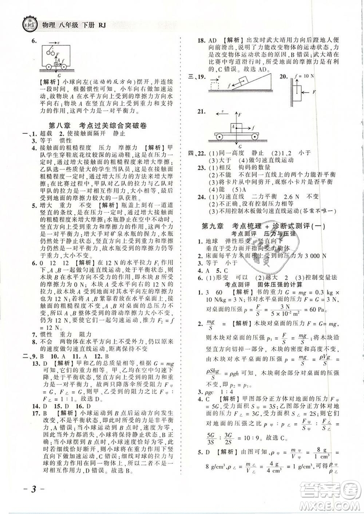 2019年王朝霞考點(diǎn)梳理時(shí)習(xí)卷八年級(jí)物理下冊(cè)人教版參考答案