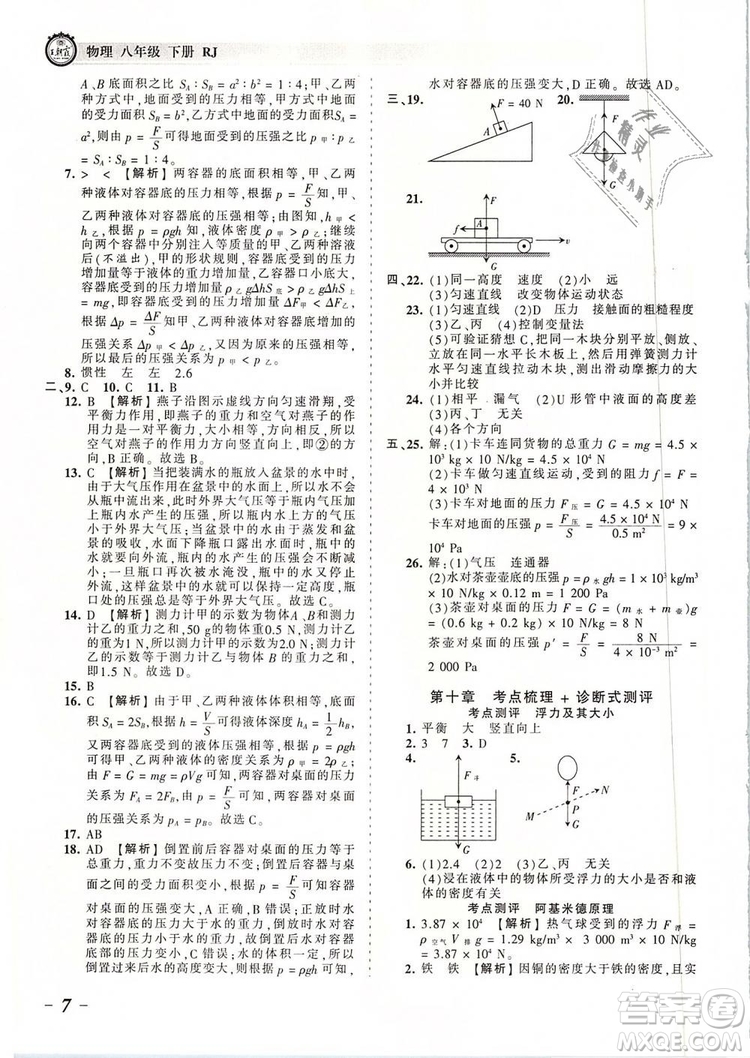 2019年王朝霞考點(diǎn)梳理時(shí)習(xí)卷八年級(jí)物理下冊(cè)人教版參考答案