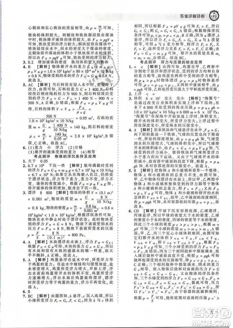 2019年王朝霞考點(diǎn)梳理時(shí)習(xí)卷八年級(jí)物理下冊(cè)人教版參考答案